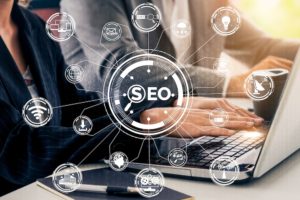 SEO - Search Engine Optimization for Online Marketing Concept. Modern graphic interface showing symbol of keyword research website promotion by optimize customer searching and analyze market strategy. 