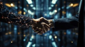 A business handshake, symbolizing cooperation and innovation in the world of Artificial Intelligence. 